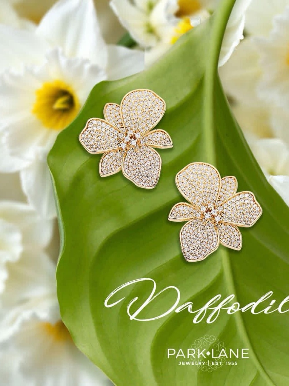 Park Lane Gold & White Crystal Daffodil Flower Stud Earrings